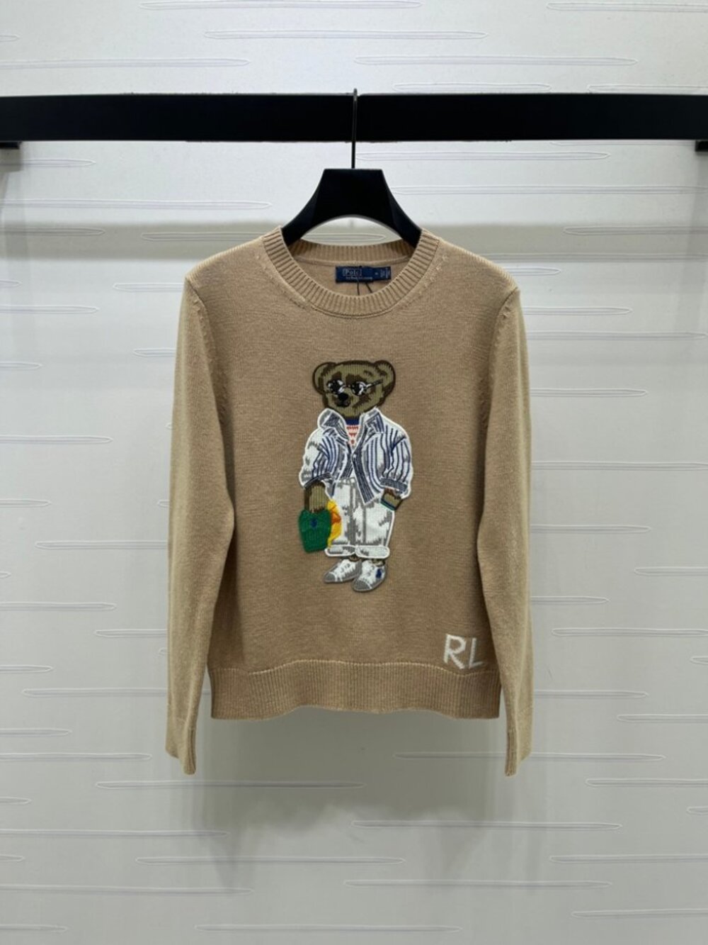 Polo Ralph Lauren Camel Bear Embroidered Crew Neck Knit Sweater